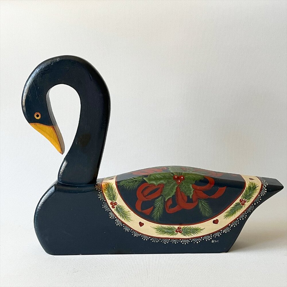 Vintage Hand Painted Solid Wood Christmas Swan Signed Holly & Ribbon Folk Art